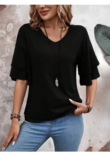 Üçaymoda Kadın Kısa Kollu V Yakalı Viskon Bluz fiyatları