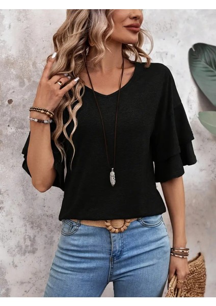 Üçaymoda Kadın Kısa Kollu V Yakalı Viskon Bluz modelleri