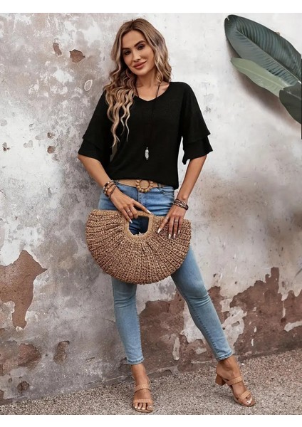 Üçaymoda Kadın Kısa Kollu V Yakalı Viskon Bluz indirimleri