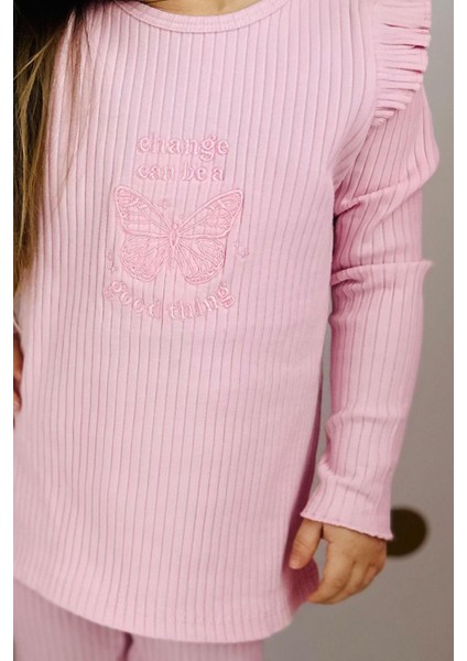 Kız Çocuk Taytlı Takım Kelebek Nakışlı Yazı Baskılı 2-6 Yaş, Pembe modelleri