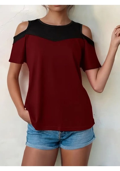 Üçaymoda Kadın Kısa Kollu Omuzlardan Açık Detaylı Çift Renkli Viskon Bluz