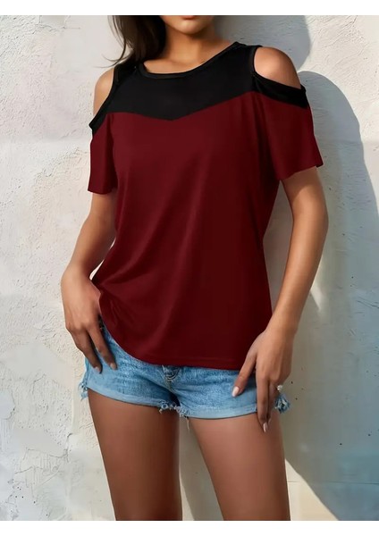 Üçaymoda Kadın Kısa Kollu Omuzlardan Açık Detaylı Çift Renkli Viskon Bluz fiyatları