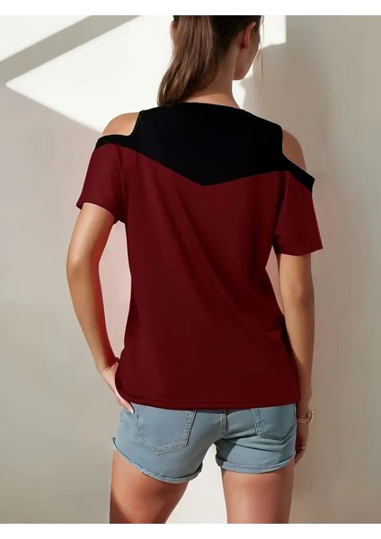 Üçaymoda Kadın Kısa Kollu Omuzlardan Açık Detaylı Çift Renkli Viskon Bluz modelleri