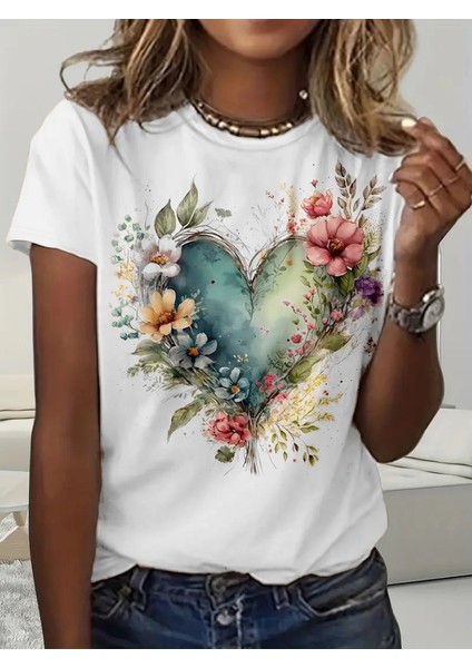 Üçaymoda Kadın Kısa Kollu Bisiklet Yaka Kalp Desenli Süprem Bluz