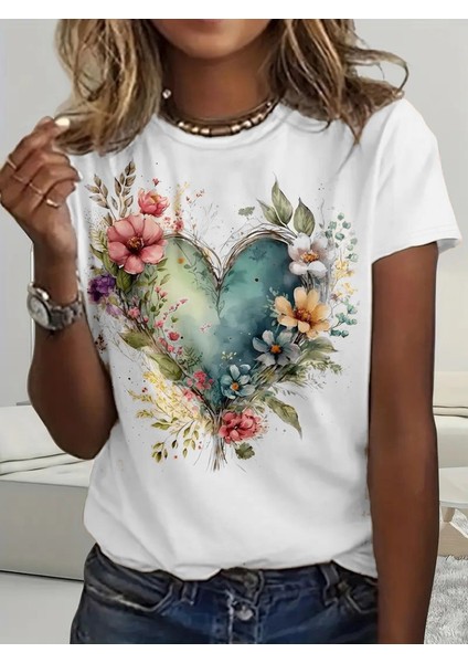 Üçaymoda Kadın Kısa Kollu Bisiklet Yaka Kalp Desenli Süprem Bluz modelleri