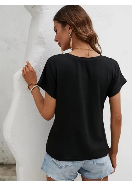 Üçaymoda Kadın Kısa Kollu Asimetrik Kesim Bel Büzgü Düğüm Detay Viskon Bluz fiyatları