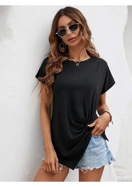 Üçaymoda Kadın Kısa Kollu Asimetrik Kesim Bel Büzgü Düğüm Detay Viskon Bluz modelleri