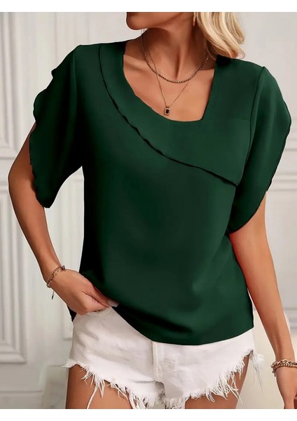 Üçaymoda Kadın Kısa Kollu Yaka ve Kol Detay Jesica Bluz modelleri