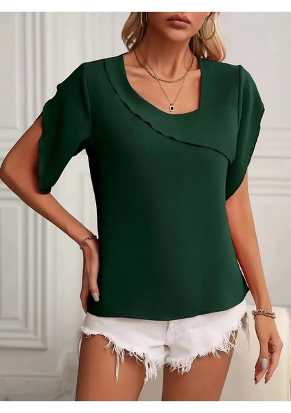 Üçaymoda Kadın Kısa Kollu Yaka ve Kol Detay Jesica Bluz fırsatları