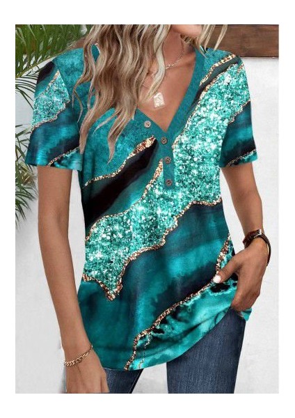 Üçaymoda Kadın Kısa Kollu V Yakalı Önden Düğmeli Baskılı Süprem Bluz
