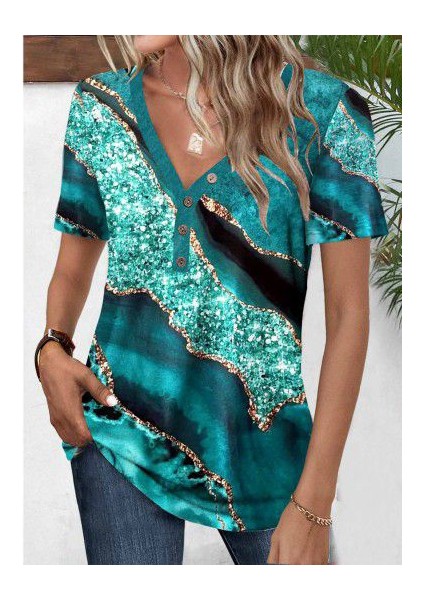 Üçaymoda Kadın Kısa Kollu V Yakalı Önden Düğmeli Baskılı Süprem Bluz modelleri