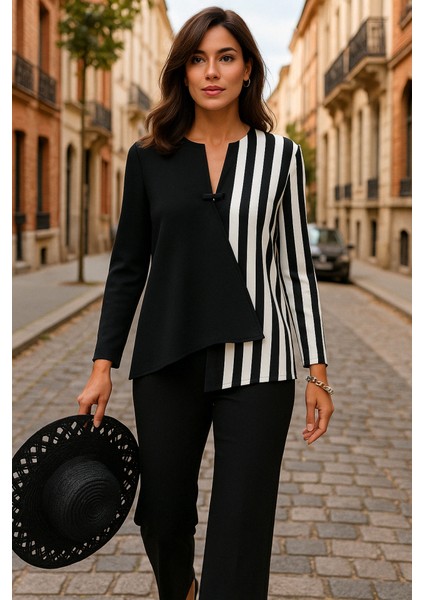 Üçaymoda Kadın Keten Kumaş Çizgi Desenli Uzun Kollu Bluz