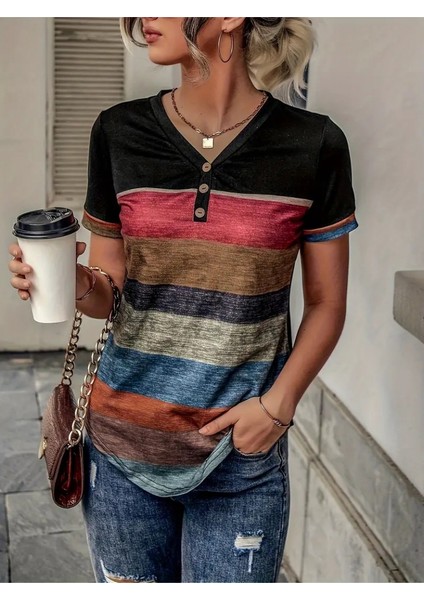 Üçaymoda Kadın Kısa Kollu V Yakalı Düğmeli Çok Renkli Süprem Bluz fiyatları