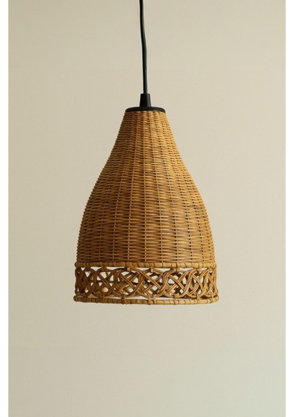 Doğal, El Örgüsü, Konik Tasarım Aydınlatma, Dekoratif Rattan, Sarkıt Lamba, Bohem Tasarım, 30 cm