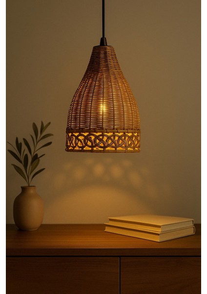 Doğal, El Örgüsü, Konik Tasarım Aydınlatma, Dekoratif Rattan, Sarkıt Lamba, Bohem Tasarım, 30 cm modelleri