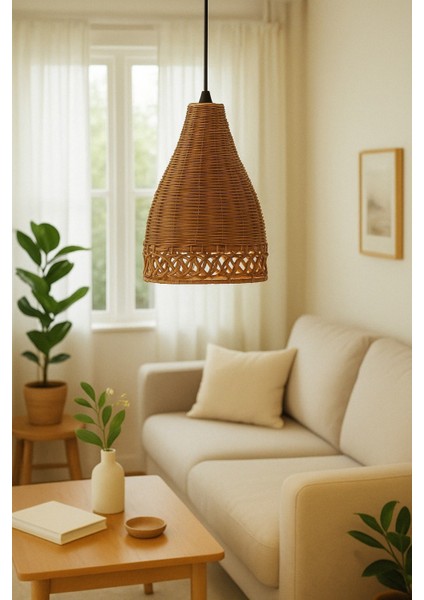 Doğal, El Örgüsü, Konik Tasarım Aydınlatma, Dekoratif Rattan, Sarkıt Lamba, Bohem Tasarım, 30 cm fırsatları
