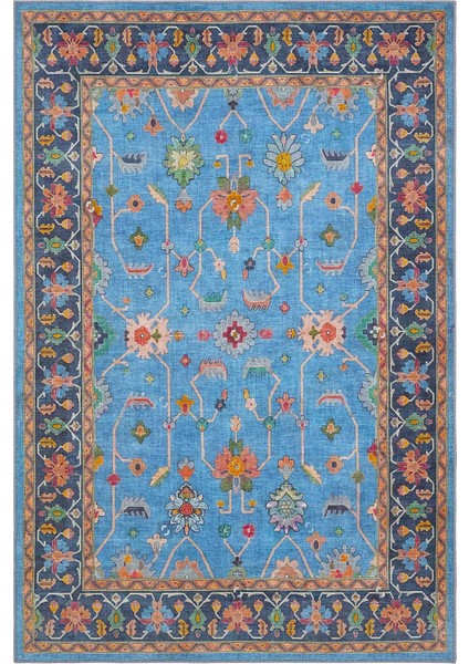 Beylerbeyi By 845 Mavi Halı Çiçek Desenli Otantik Ev Salon Halısı Yıkanabilir Dokuma Şönil Halı