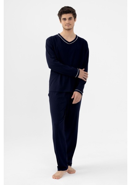Erkek Pamuklu Uzun Kollu Ara Biyeli Cep Detaylı Pijama Takımı