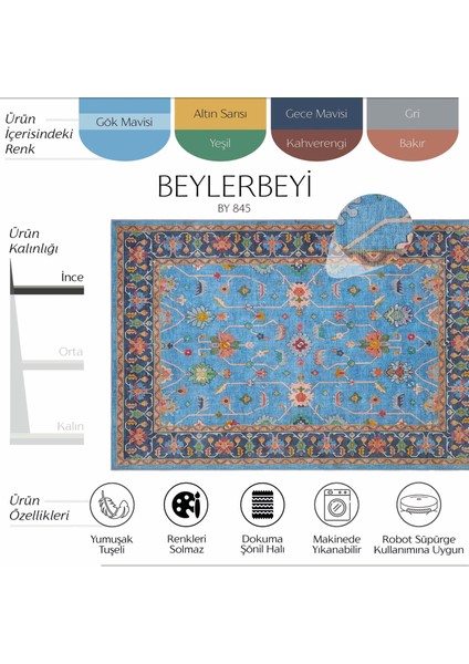 Beylerbeyi By 845 Mavi Halı Çiçek Desenli Otantik Ev Salon Halısı Yıkanabilir Dokuma Şönil Halı fiyatları