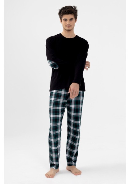 Erkek Pamuklu Uzun Kollu Yamalı Ekose Desenli Pijama Takımı