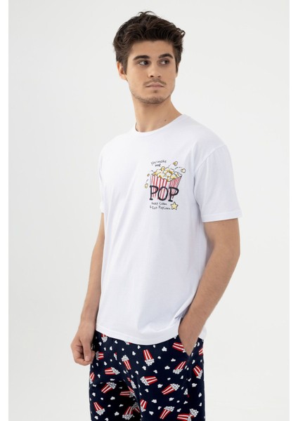 Erkek Kısa Kollu Pamuklu Popcorn Desenli Şortlu Pijama Takımı