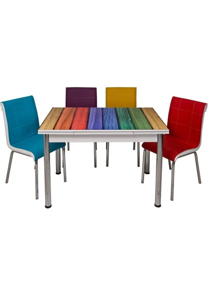 Yandan Açılır Cam Mutfak Masa Takımı 4 Sandalyeli 70 x 110 cm Renkli Ahşap Desen