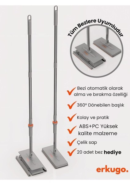 20 Adet Yedek Bezli Mop Pratik One-Touch Temizlik Mopu 360° Dönebilen Kolay Tak Çıkar Minimal