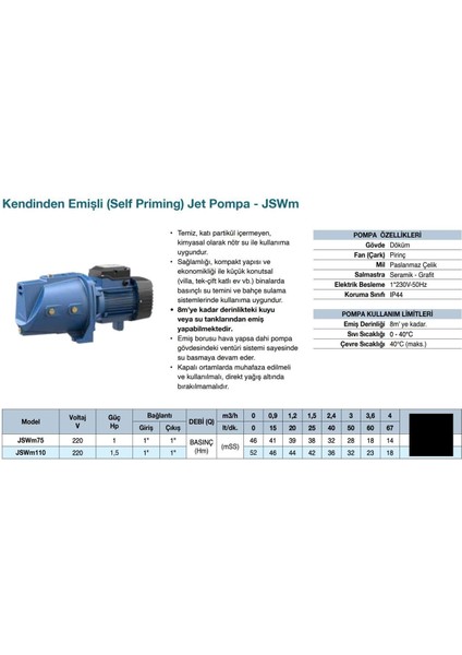 JSWM110 Jet Pompa 1,5 Hp - Pirinç Çarklı