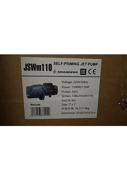 JSWM110 Jet Pompa 1,5 Hp - Pirinç Çarklı
