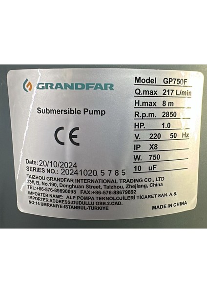 GP750F Drenaj Pompası - 750 Watt