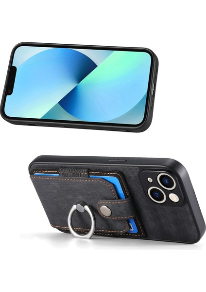 iPhone 13 Için 6.1 Inç Kılıf Retro Döndürme Halkası Kickstand Deri Telefon Arka Kapak-Siyah (Yurt Dışından)