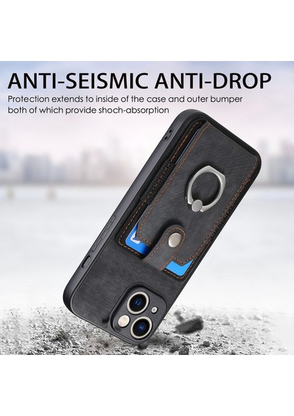iPhone 13 Için 6.1 Inç Kılıf Retro Döndürme Halkası Kickstand Deri Telefon Arka Kapak-Siyah (Yurt Dışından)