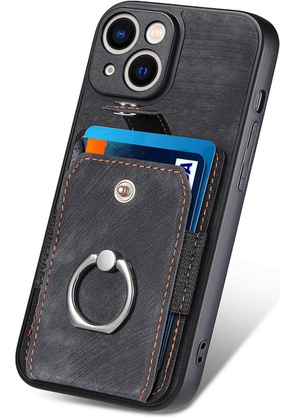 iPhone 13 Için 6.1 Inç Kılıf Retro Döndürme Halkası Kickstand Deri Telefon Arka Kapak-Siyah (Yurt Dışından)