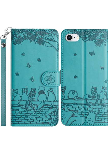 iPhone SE(2024)CÜZDAN Kılıfı Pu Deri Duvar Kedileri Desenli Telefon Kapağı-Mavi (Yurt Dışından)