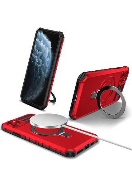 iPhone 11 Pro Kılıf Manyetik Pc+Tpu Halkalı Telefon Kılıfı Kickstand-Kırmızı (Yurt Dışından)