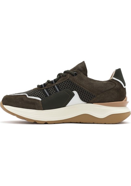 Erkek Haki Bağcıklı Kalın Tabanlı Deri Sneaker 25SFD795014
