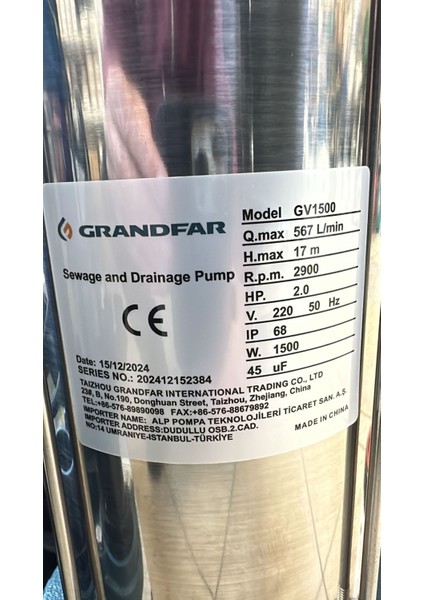 GV1500 Foseptik Dalgıç 2hp -17 Metre