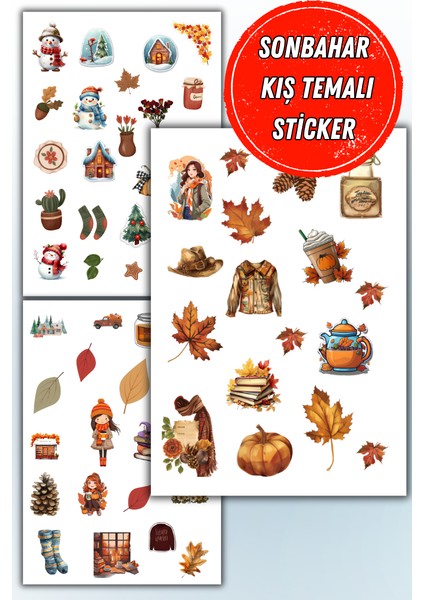 Sonbahar-Kış Temalı 3'lü Sticker Planner Ajanda Bullet Journal Için Uygun Set