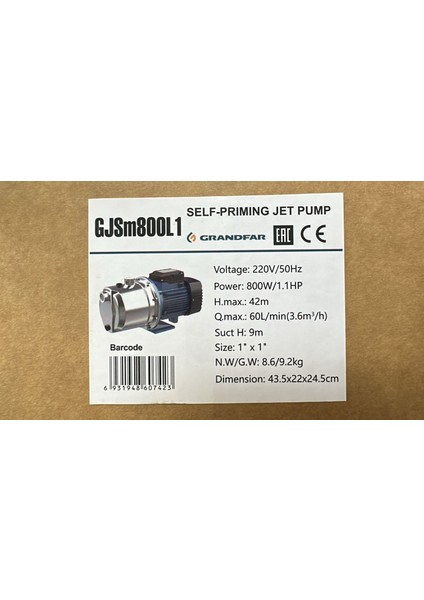 GJSM800L1 Paslanmaz Jet Pompa 1,1 Hp
