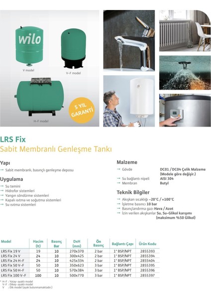 Wilo Lrs Fix 19 V Dik Tank 10 Bar - 19 Litre - 5 Yıl Garantili