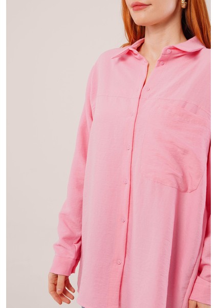 Üçaymoda Salaş Kesim Cepli Pembe Gömlek