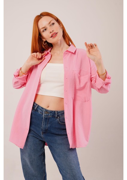 Üçaymoda Salaş Kesim Cepli Pembe Gömlek