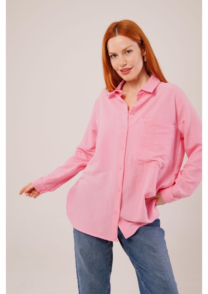 Üçaymoda Salaş Kesim Cepli Pembe Gömlek
