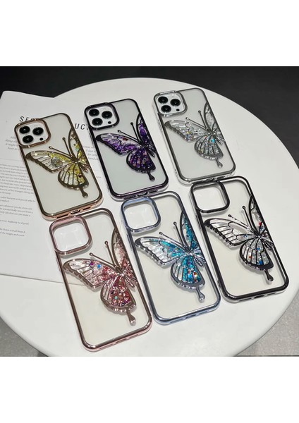 Apple iPhone 14 Pro Uyumlu Kılıf Kelebek Figürlü Hareketli Simli Şeffaf Silikon Kılıf / Kapak fırsatları