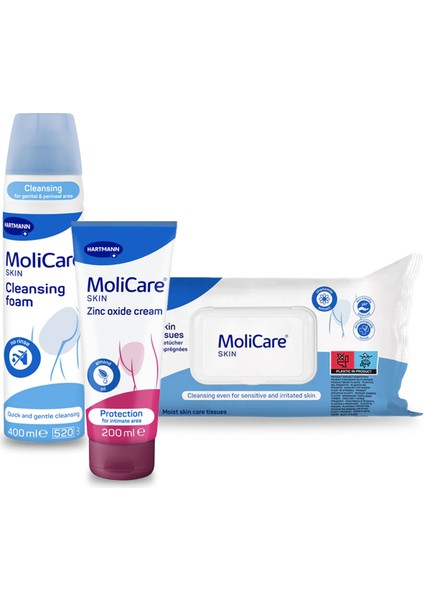 Hartmann Molicare 3’lü Cilt Bakım Seti - Temizlik Köpüğü 400ML + Çinko Krem 200ML + Nemli Mendil (Islak Mendil)