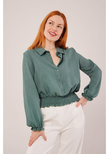 Üçaymoda Bel ve Bilek Lastikli Zümrüt Yeşili Bluz