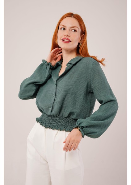 Üçaymoda Bel ve Bilek Lastikli Zümrüt Yeşili Bluz