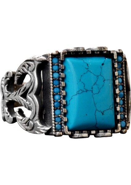 El Yapımı Vintage Turkuaz Yüzük - 925 Ayar Gümüş, Şık Süslü Tasarım, Dayanıklı, Farklı Takı, Mükemmel Uyum