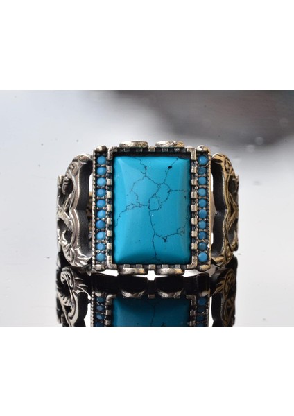 El Yapımı Vintage Turkuaz Yüzük - 925 Ayar Gümüş, Şık Süslü Tasarım, Dayanıklı, Farklı Takı, Mükemmel Uyum indirimleri