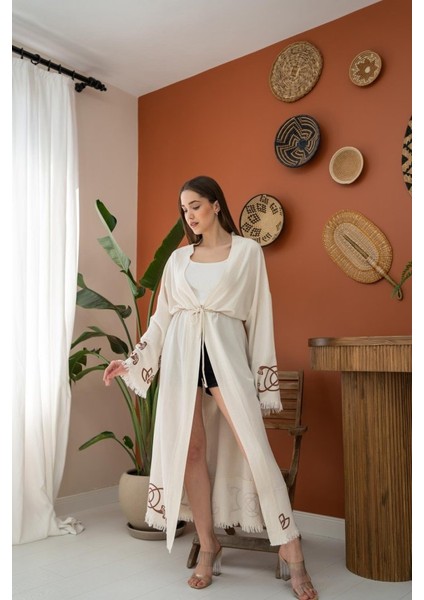 Üçaymoda Kahverengi Baskı Detay Keten Hırka